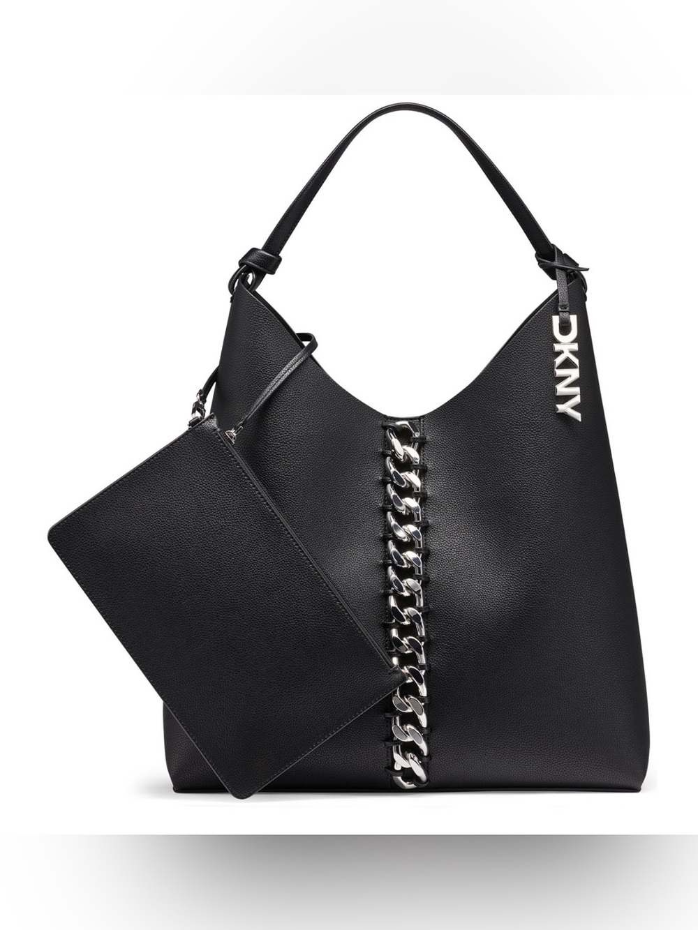 DKNY Black Leather Shoulder Hobo with Silver Chain Detail